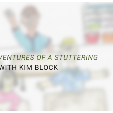 Blurred image of a drawing with students in a classroom waving, overlaid with the BCEdAccess logo and the text, "Reading 'Adventures of a Stuttering Superhero' with Kim Block."